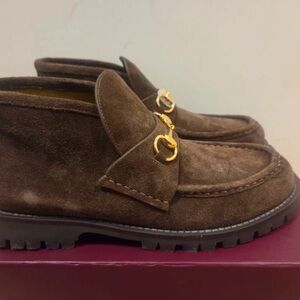 Gucci Chocolate Suede Loafers with Gold Accents